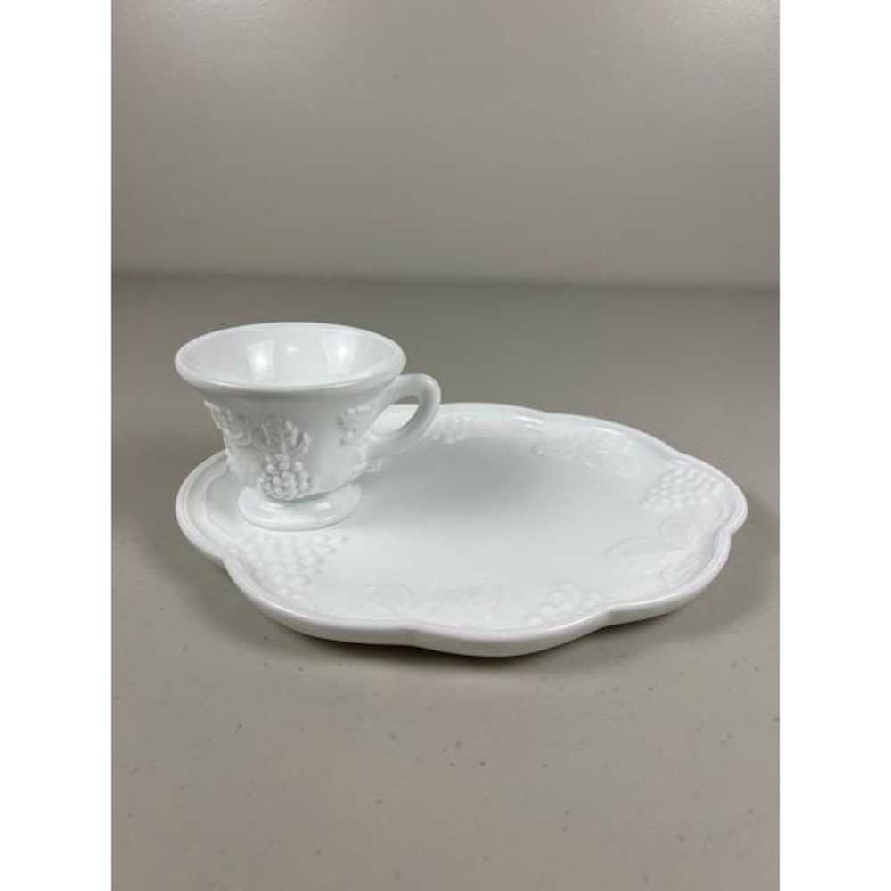 Westmoreland Milk Glass Grape Pattern Snack Set Plate and Cup White Vintage